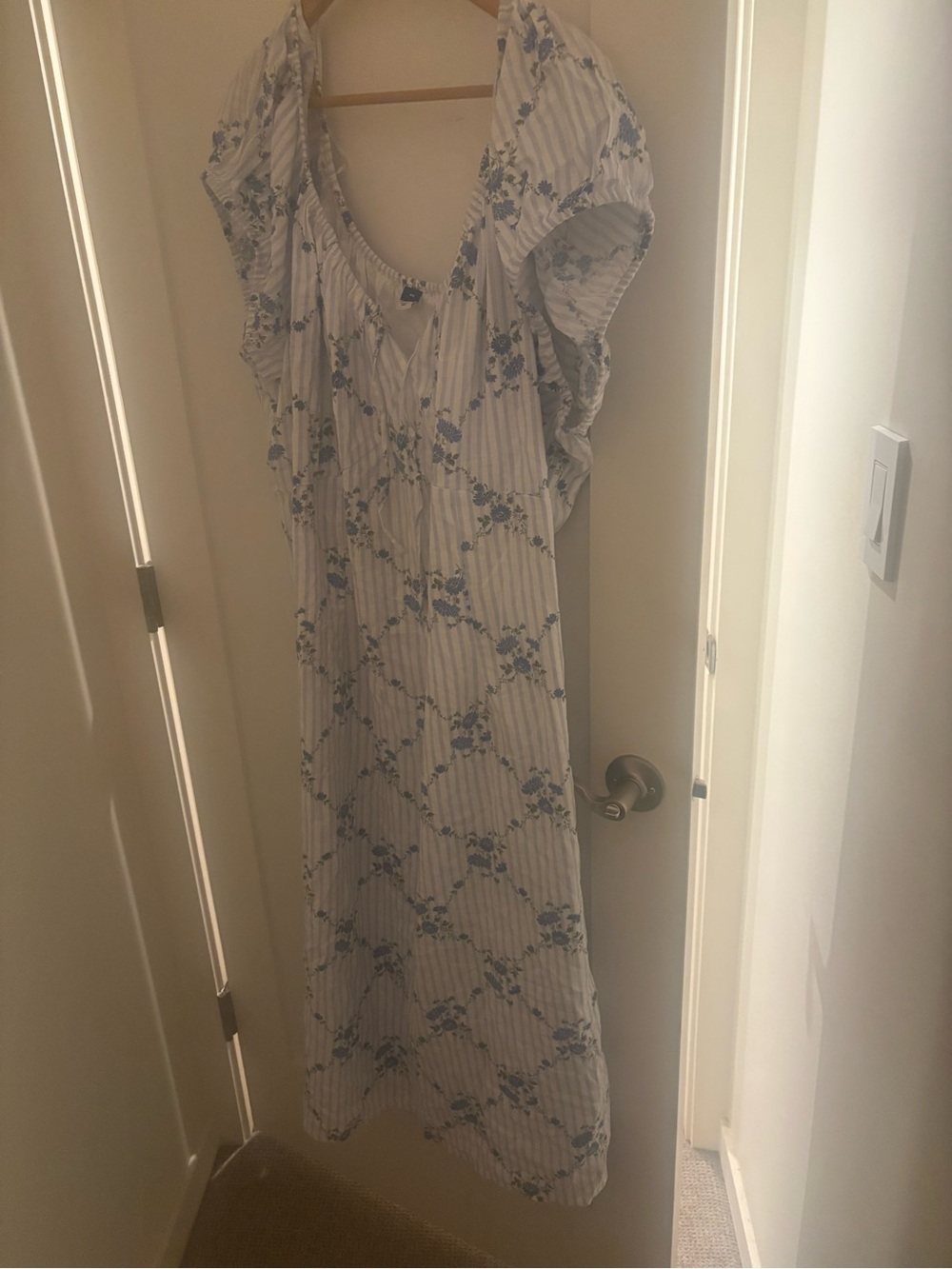 Old Navy White Maxi Dress with Blue Floral Stripes